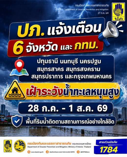 ปภ. แจ้งเตือน 6 จังหวัดภาคกลาง และ กทม. เฝ้าระวังน้ำทะเลหนุนสูง