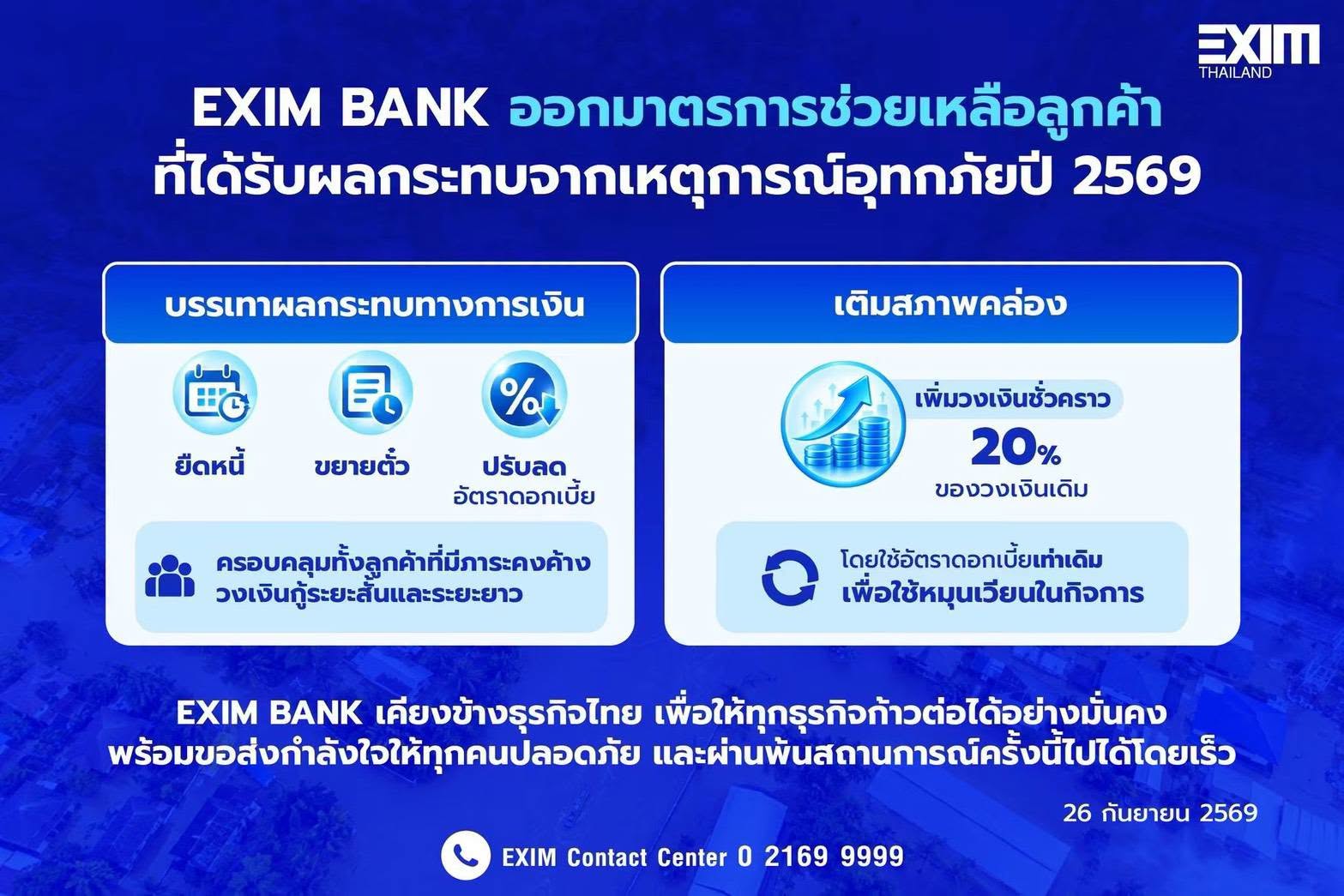 EXIM BANK พร้อมเคียงข้างผู้ประกอบการออกมาตรการช่วยเหลือลูกค้าที่ได้รับผลกระทบจากเหตุการณ์ฝนตกหนักในหลายพื้นที่
