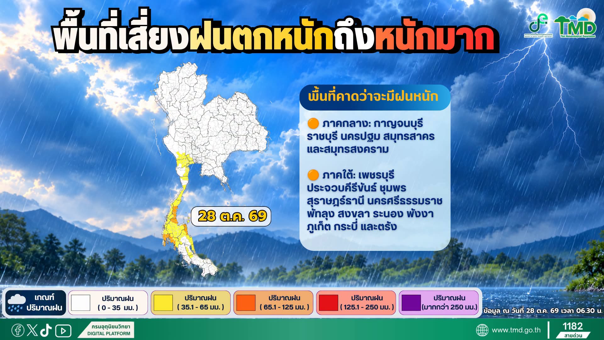 อัปเดตข้อมูล ณ วันที่ 28 ต.ค. 69 เวลา 06.30 น. พื้นที่เสี่ยงฝนตกหนัก - หนักมาก 29 ต.ค. 69