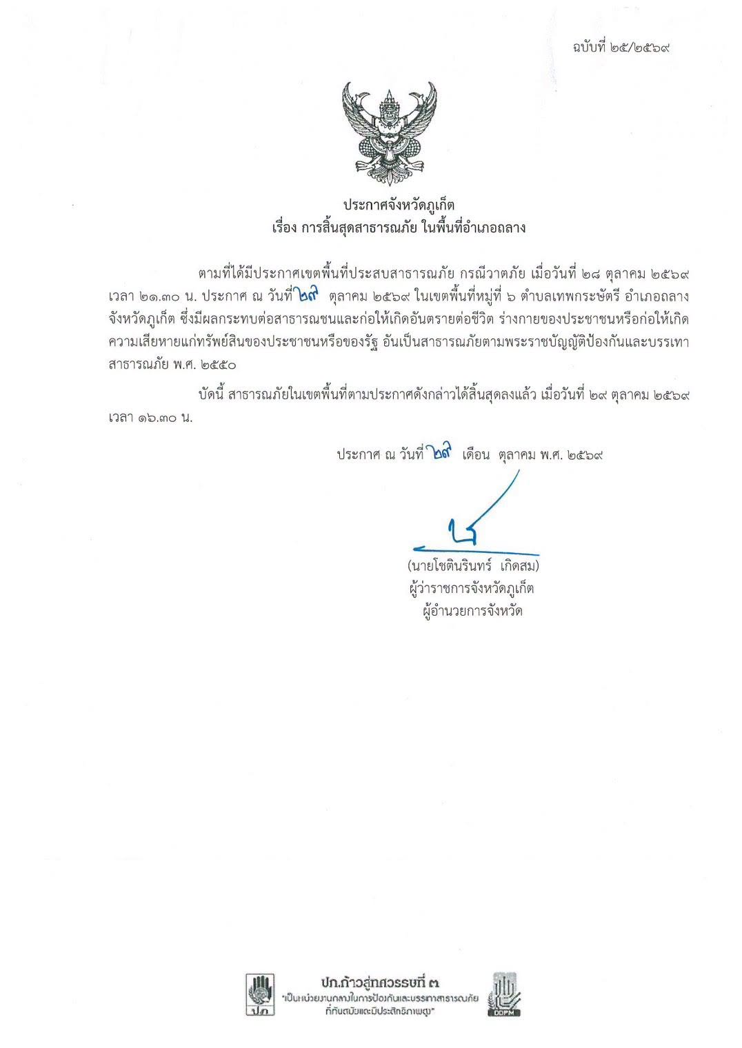 จังหวัดภูเก็ตประกาศสิ้นสุดสาธารณภัย กรณีวาตภัย ในพื้นที่อำเภอถลาง